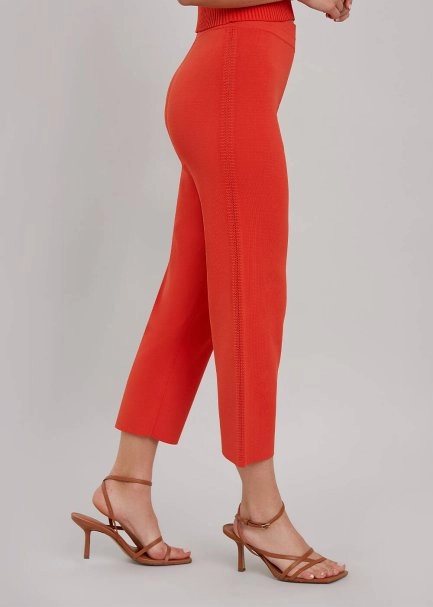 Yanı Örgü Detaylı Mercan Rengi Fit Triko Pantolon - 4