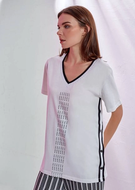 Yanları Çıt Çıt Detaylı V Yaka Tshirt - 4