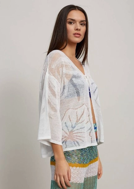 Yaprak Desen Bağcıklı Keten Beyaz Triko Hırka - 4