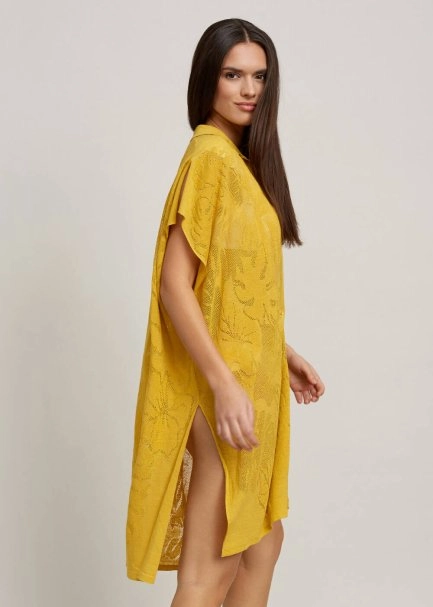 Yaprak Desenli Keten Sarı Gömlek Elbise - 7