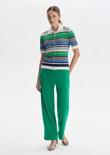 Yeşil Fitil Örgü Detaylı Triko Pantolon - 3
