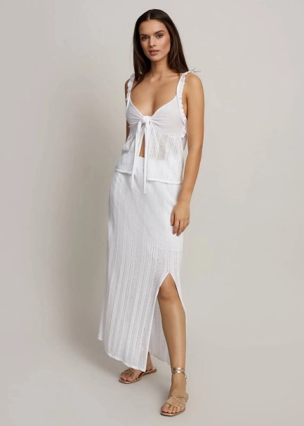 Yırtmaç Detaylı Ajur Örgü Beyaz Triko Etek - 5