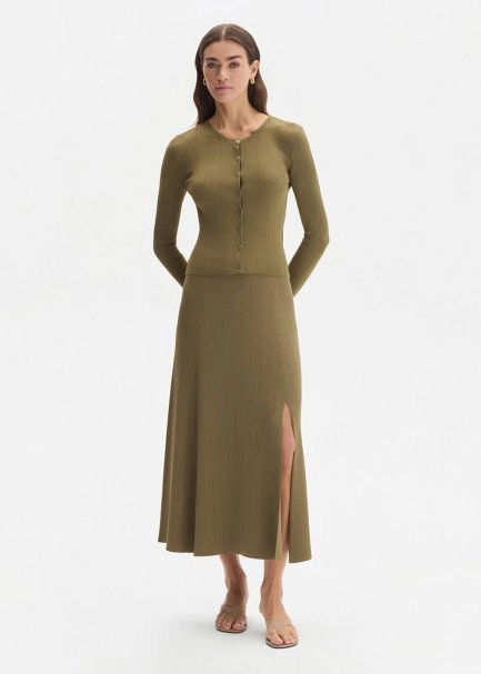 Yırtmaç Detaylı Haki Triko Etek - 1