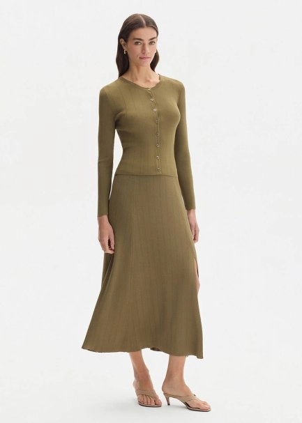 Yırtmaç Detaylı Haki Triko Etek - 2