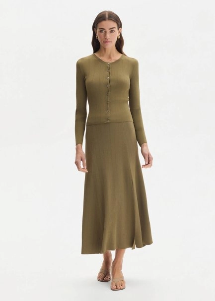 Yırtmaç Detaylı Haki Triko Etek - 4