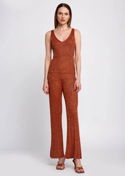 Yırtmaç Detaylı Tarçın Rengi Triko Pantolon - 5