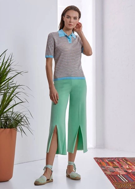 Yırtmaç Detaylı Yeşil Trıko Pantolon - 2