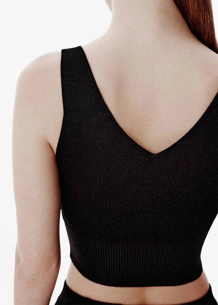 Yüksek Rib Bel Siyah Crop Triko Üst - 5