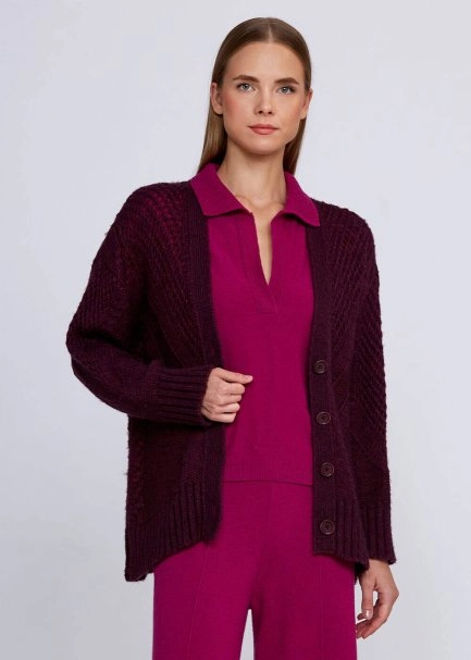 Yün Karışımlı Örgü Detaylı Bordo Triko Hırka - 1