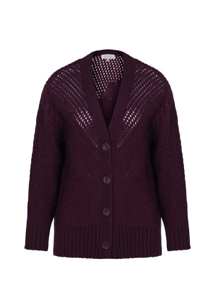 Yün Karışımlı Örgü Detaylı Bordo Triko Hırka - 8