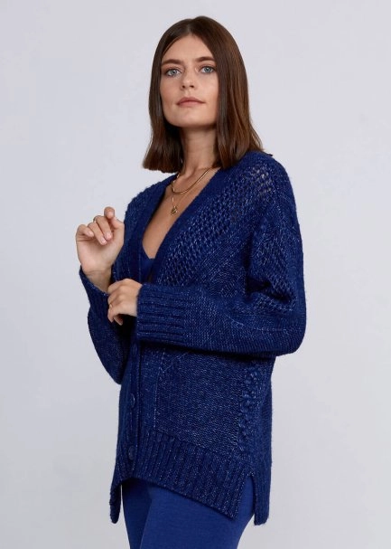 Yün Karışımlı Örgü Detaylı Lacivert Triko Hırka - 4