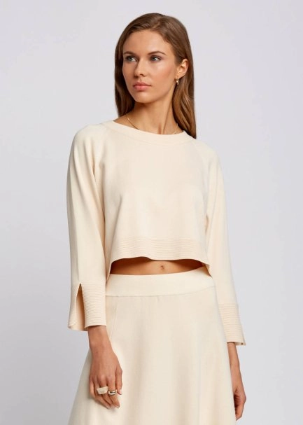 Yuvarlak Yaka Bol Kesim Krem Rengi Crop Triko Üst - 1