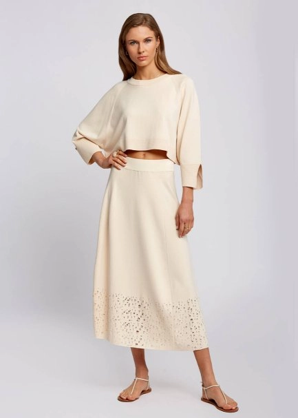 Yuvarlak Yaka Bol Kesim Krem Rengi Crop Triko Üst - 2