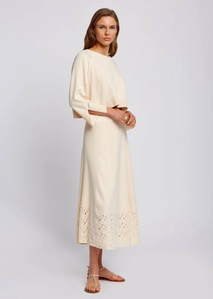 Yuvarlak Yaka Bol Kesim Krem Rengi Crop Triko Üst - 5