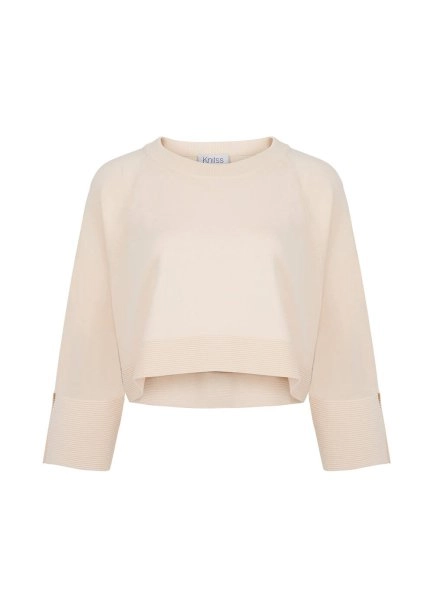 Yuvarlak Yaka Bol Kesim Krem Rengi Crop Triko Üst - 8