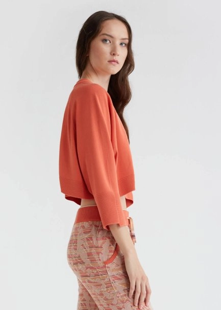 Bol Kesim Mercan Rengi Crop Triko Üst - 4