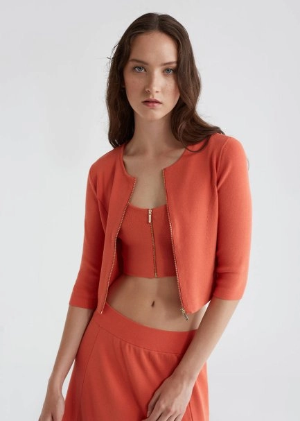 Zip Front Fitted Coral Cropped Knit Cardigan - 1