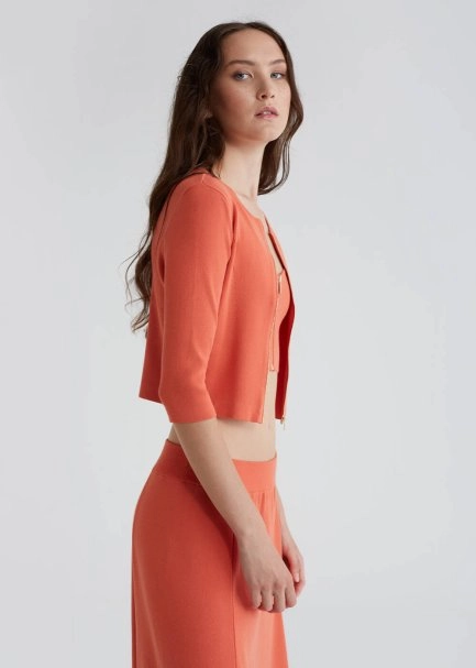 Zip Front Fitted Coral Cropped Knit Cardigan - 3