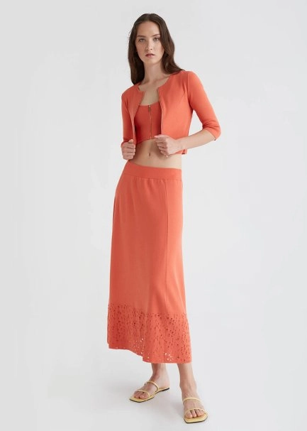 Zip Front Fitted Coral Cropped Knit Cardigan - 4