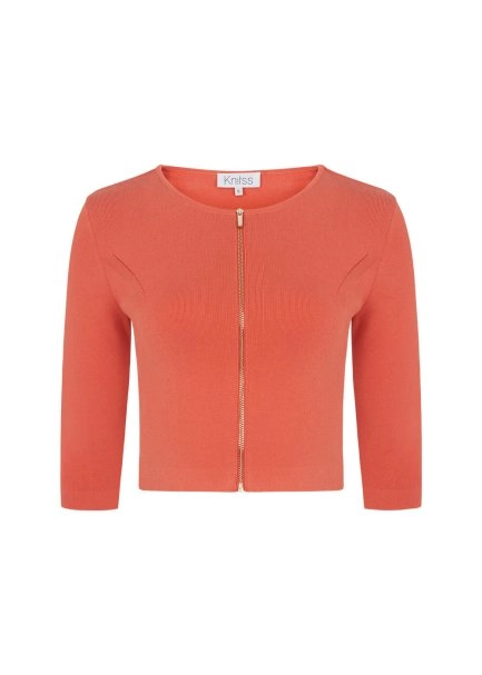 Zip Front Fitted Coral Cropped Knit Cardigan - 8