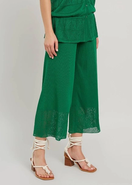 Zümrüt Yeşili Yazlık Crop Triko Pantolon - 4