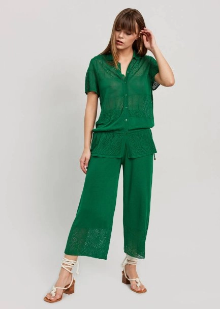 Zümrüt Yeşili Yazlık Crop Triko Pantolon - 5