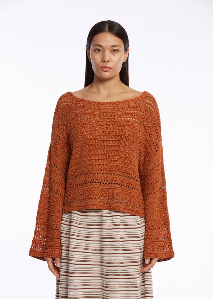 KNITSS - Ajur Örgü Oversize Tütün Rengi Triko Üst