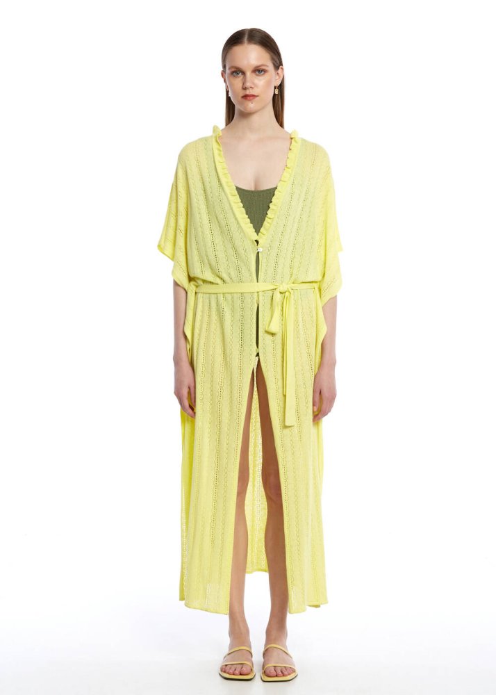 KNITSS - Ajur Örgü Sarı Triko Kaftan