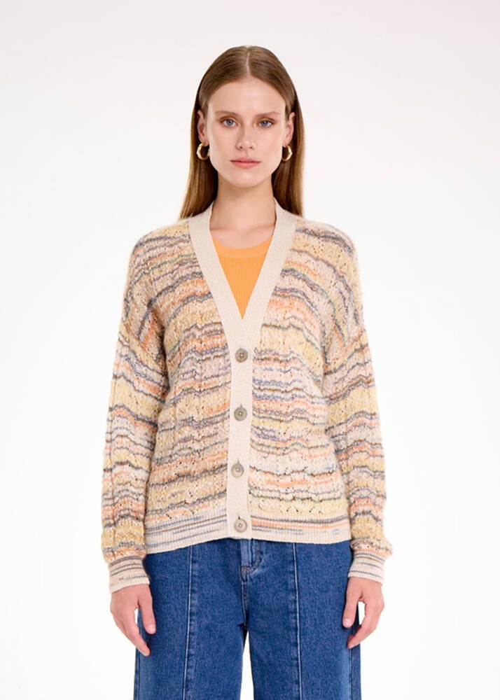 KNITSS - ALPACA BLEND RAINBOW COLOR BLOCK KNIT CARDIGAN