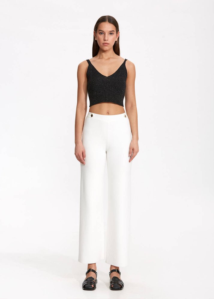 KNITSS - Apolet Detaylı Beyaz Triko Pantolon