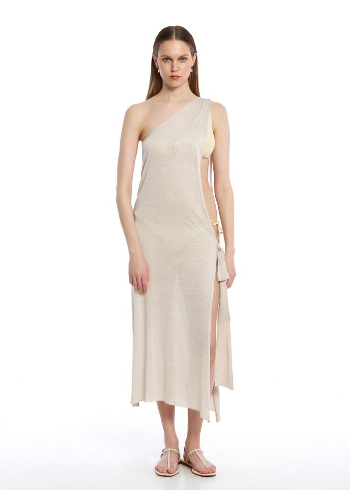 KNITSS - Asimetrik Kesim Bej Triko Elbise