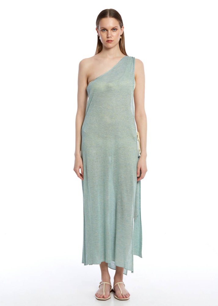 KNITSS - Asimetrik Kesim Mint Yeşili Triko Elbise