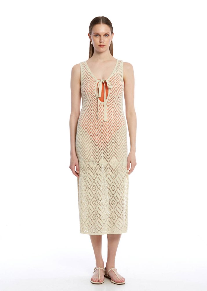 KNITSS - Bej Beachwear Triko Elbise