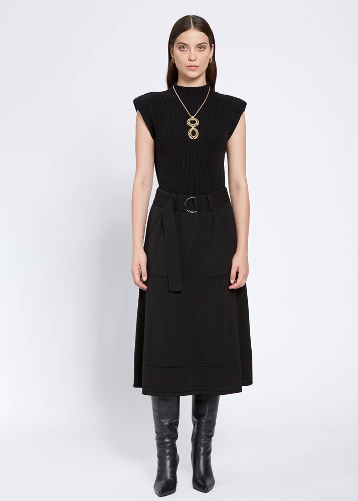 KNITSS - Belt Detailed Merino Wool Black Knit Skirt