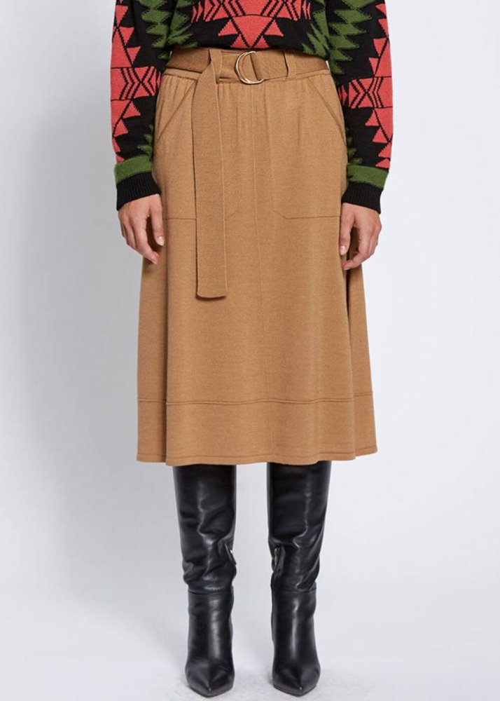 KNITSS - Belt Detailed Merino Wool Camel Knit Skirt