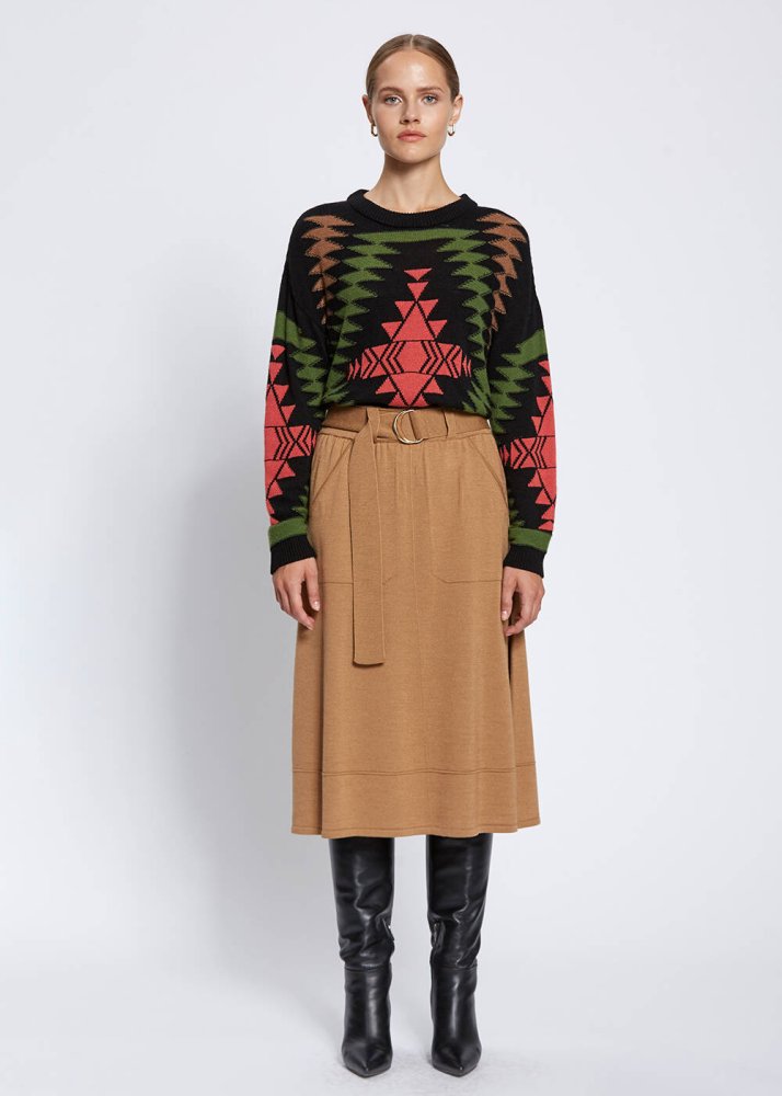 KNITSS - Belt Detailed Merino Wool Camel Knit Skirt