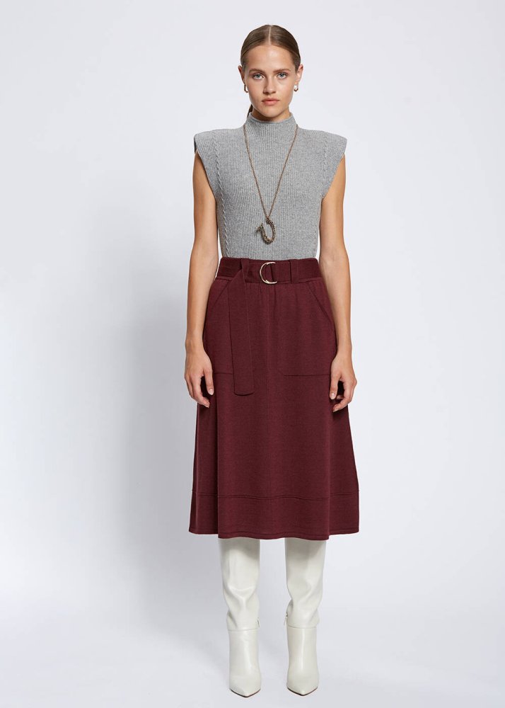 KNITSS - Belt Detailed Merino Wool Wine Knit Skirt