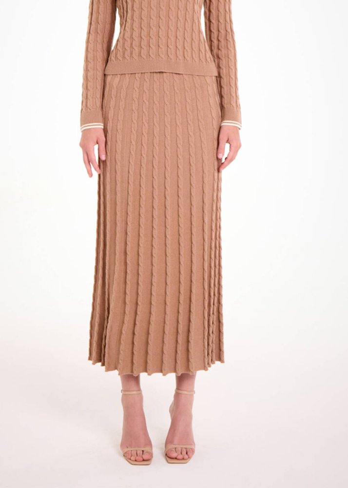 KNITSS - CABLE CONTRAST MIDI LEG CAMEL KNIT SKIRT