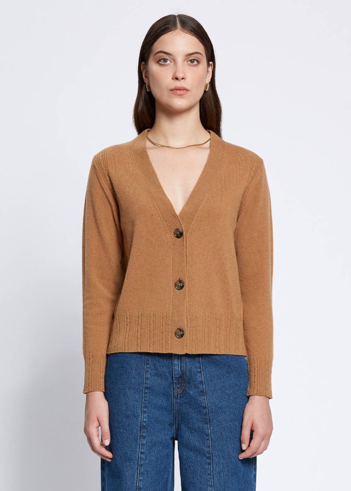 KNITSS - Cable Detailed Camel Cashmere Knit Cardigan