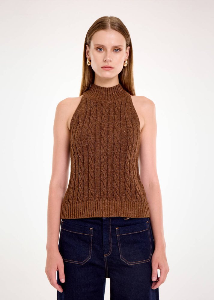 KNITSS - CABLE DETAİLED GLITTER COFFEE KNIT TOP