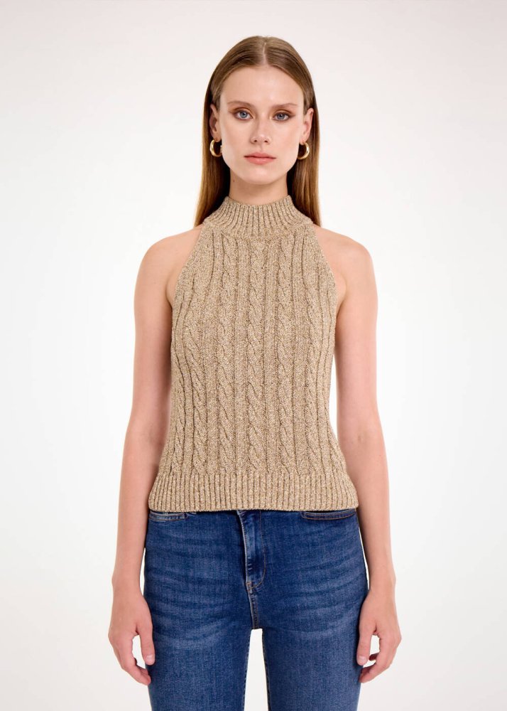 KNITSS - CABLE DETAİLED GLITTER LATTE KNIT TOP