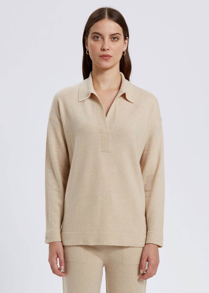 KNITSS - Cable Detailed Polo Neck Cream Cashmere Sweater