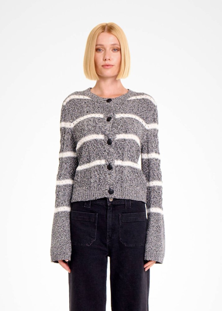 KNITSS - CABLE PATTERN BLACK MOULINE KNIT CARDIGAN
