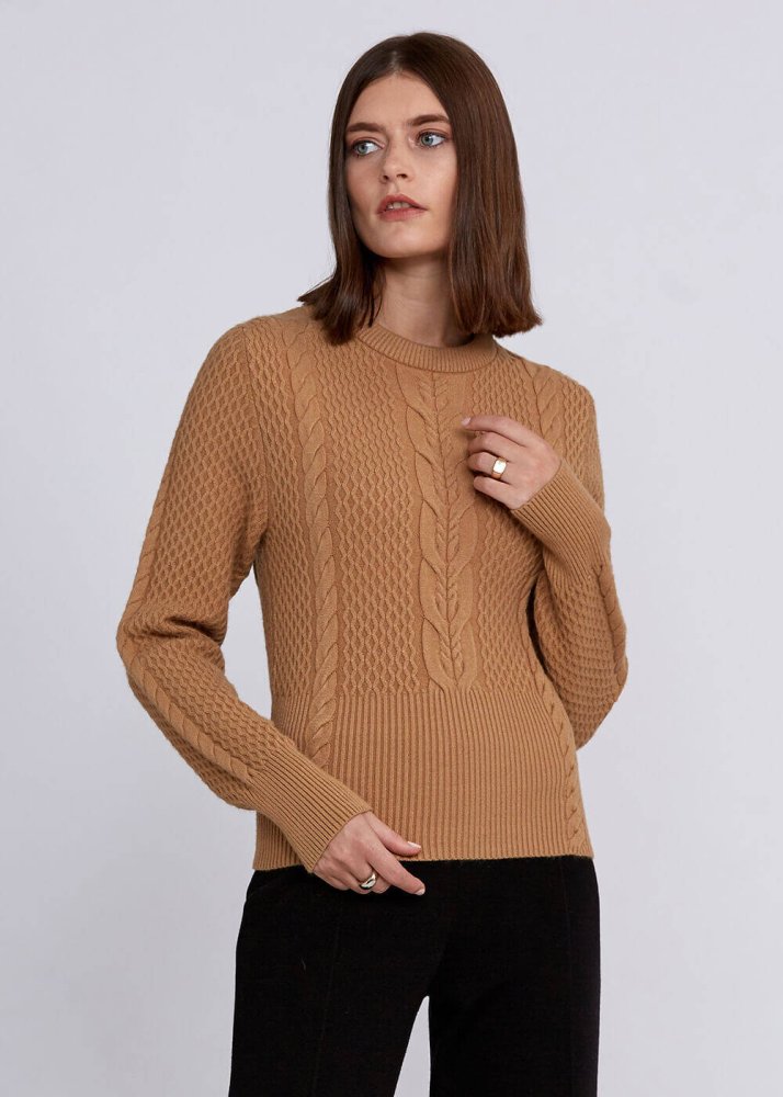 KNITSS - Cable Pattern Camel Crew Neck Knit Top