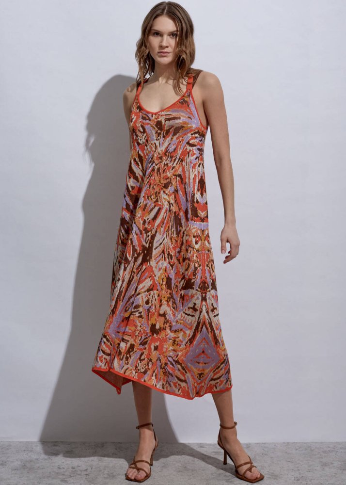 KNITSS - Çapraz Askılı Jakar Desen Triko Elbise