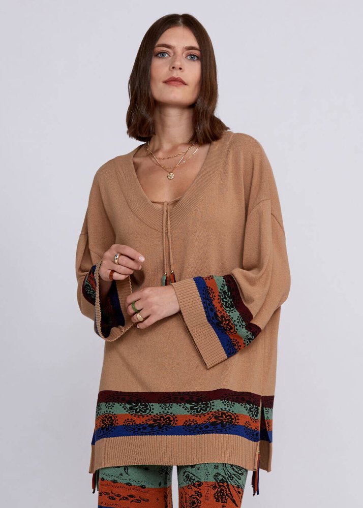 KNITSS - Cashmere Wool Blend V Neck Camel Knit Tunic