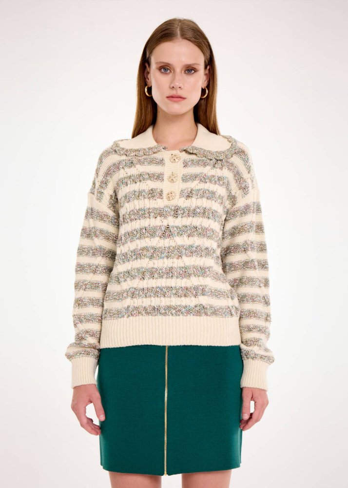 KNITSS - COLLAR DETAILED TEXTURE CABLE SWEATER