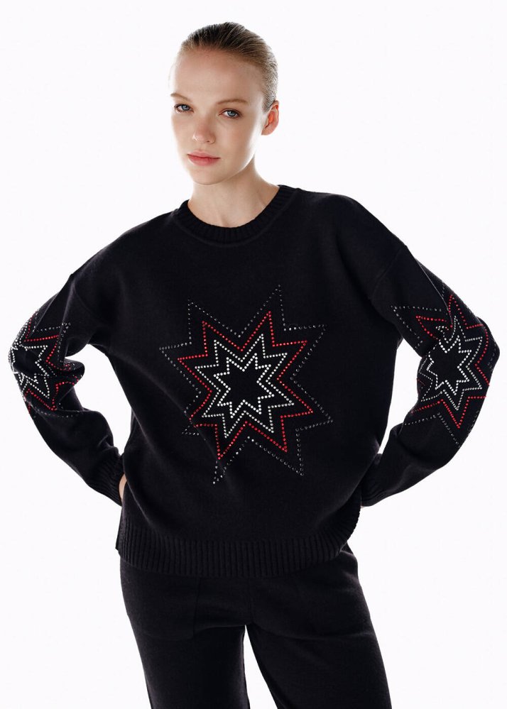 KNITSS - COLORFUL STAR PATTERNED MERINO WOOL SWEATER BLACK