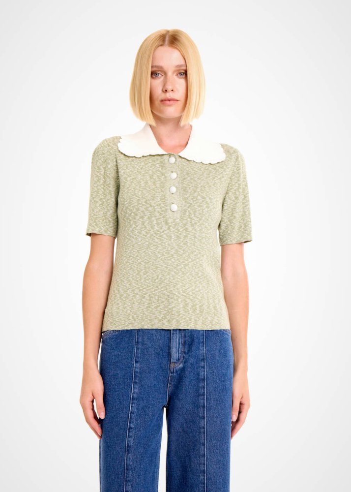 KNITSS - CONTRAST NECK THYME MOULINE KNIT TOP