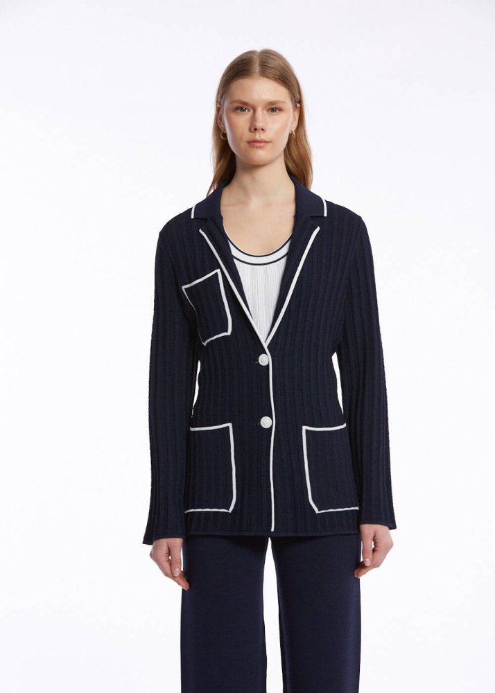 KNITSS - CONTRAST STRIPED NAVY KNIT JACKET